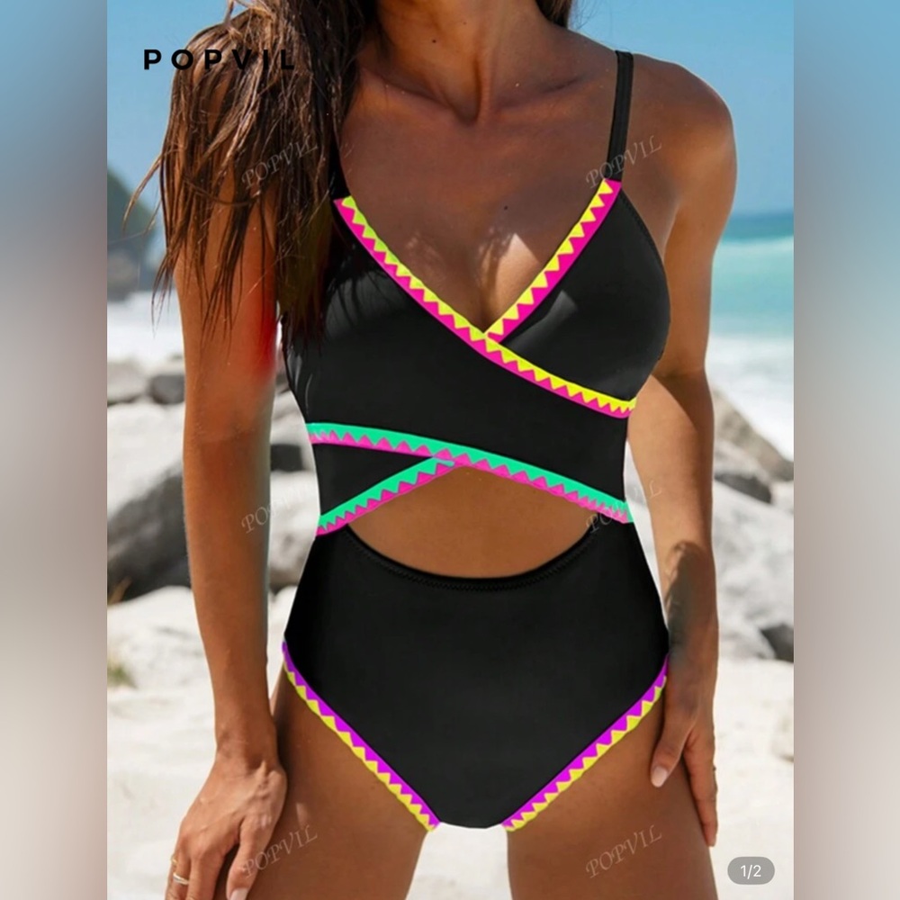 Popvil Summer Wrap Cut Out Color Block Back Tie Beach One Piece Swimsuit NWT